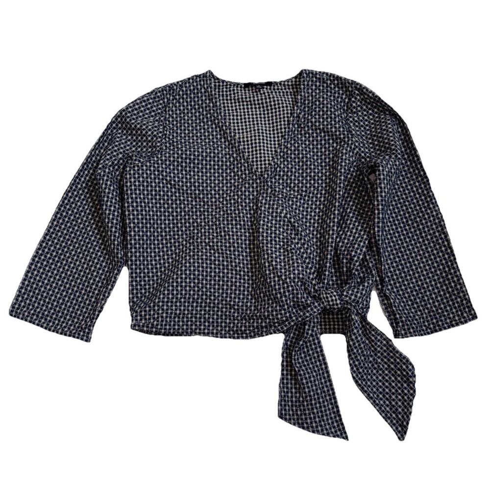 Ladies Madewell Textured Gingham Wrap Side Tie 3/4 Sleeve Navy/White Top Size M